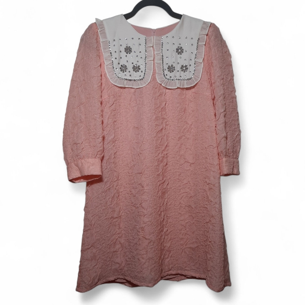 Womens BURRYCO Coquette Babydoll Mini Dress Crystal Pink 3/4 Oversized Collar 12